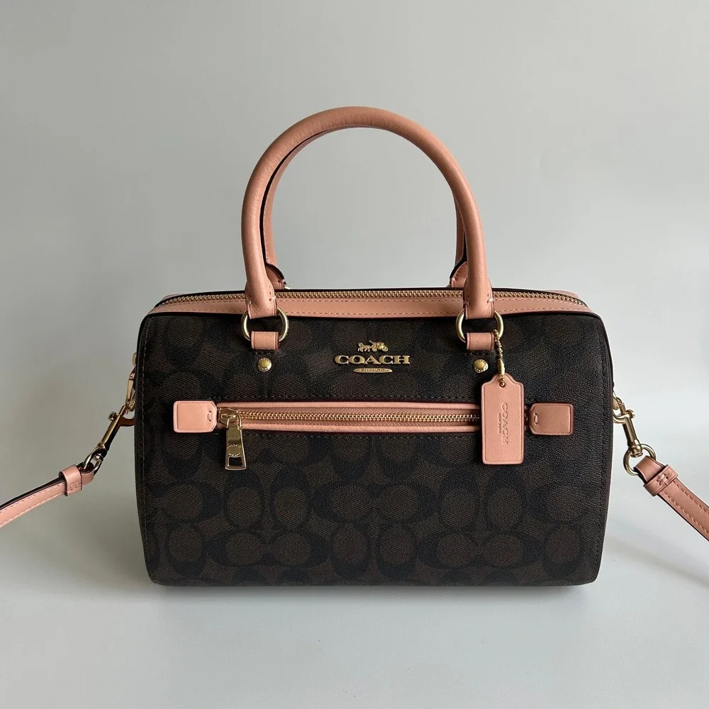 Coach Rowan Satchel Brown Pink Signature Canvas Leather Bag J2198-83607